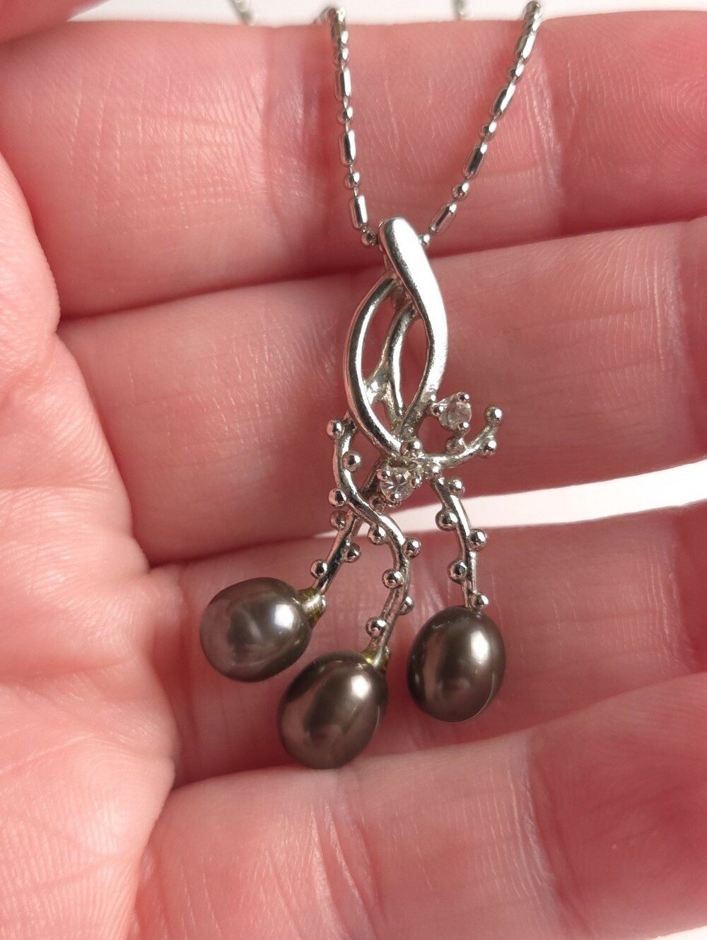 18K White Gold Plated Genuine Brown Pearl & Crystal Pendant Necklace Marked 750 - Picture 8 of 12